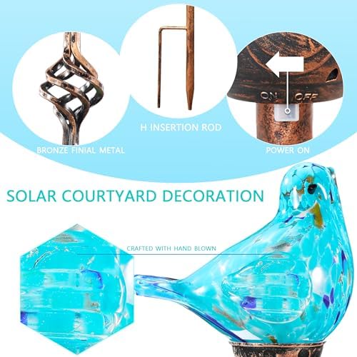 Decorative Solar Lights, Outdoor Solar Bird Stake Lights, Hand Blown Glass Decorative Garden Pathway Lights Outdoor Waterproof Glass Stakes (Light Blue) - Image 2