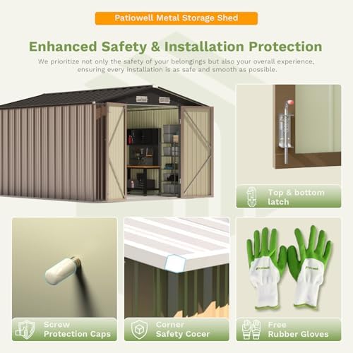 Patiowell 10 x 12 FT Metal Storage Shed for Outdoor with Floor Frame, Steel Yard Shed with Design of Lockable Doors, Utility and Tool Storage for Garden, Backyard, Patio, Outside use,Brown - Image 6
