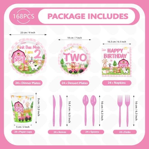 168Pcs Farm 2nd Birthday Party Supplies for Girls Serves 24 - Image 4