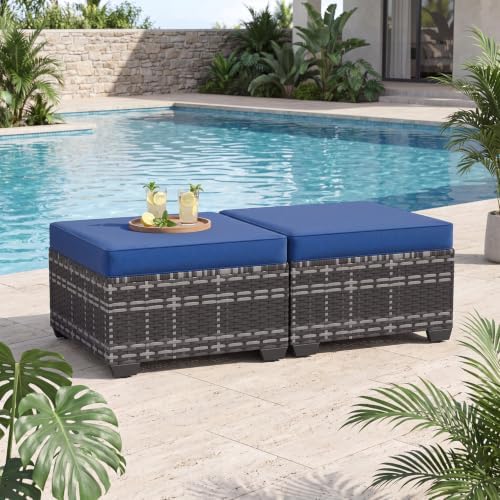 Aoxun 2 Piece Patio Sofa Ottomans with 4" Thick Cushions, Wicker Outdoor Couch Extension Set, All-Weather Rattan Seating Accessory for Backyard Furniture, Navy Blue by Aoxun