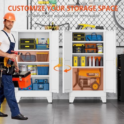 GAIOUS 47.2" Tall Metal Garage Storage Cabinet,File Cabinet with Door and Adjustable Shelves, Outdoor Steel Tool Cabinet for Home,Office,Warehouse,Garage,White - Image 3