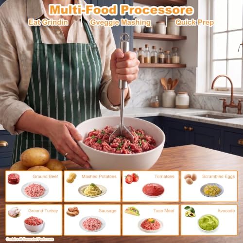 Stainless Steel Meat Masher, 6-Blade Ground Beef Chopper Tool, Heavy Duty Hamburger Smasher Potato Masher, Food Grade Vegetable Puree Shredder Mixer Utensil, Kitchen Gadgets, Dishwasher Safe (A) - Image 3