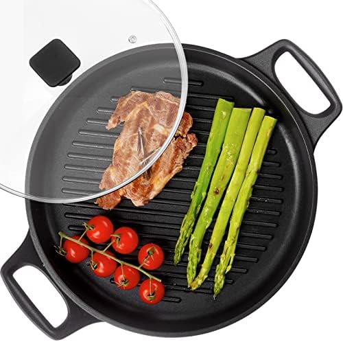S·KITCHN Cast Aluminum Griddle Pan for Stovetop with Lid - Lighter than Cast Iron Skillet,Round Frying Pans Nonstick Grill Pan Dishwasher & Oven Safe,12IN by S%C2%B7KITCHN