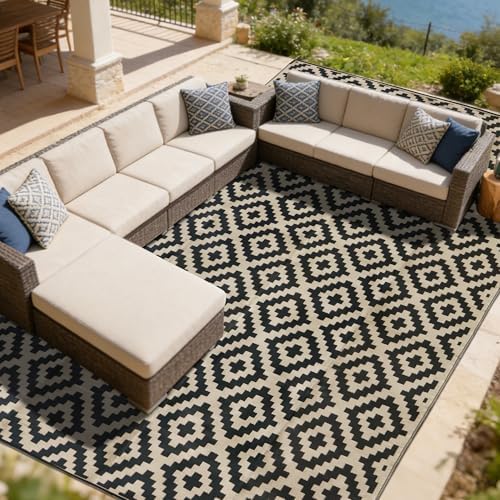 SAND MINE Waterproof Outdoor Rug 10x20 ft, Plastic Reversible Rug, Modern Area Rug, Large Floor Mat for Outdoors, RV, Patio, Backyard, Deck, Picnic, Beach, Camping, Black & Beige by SANDMIND