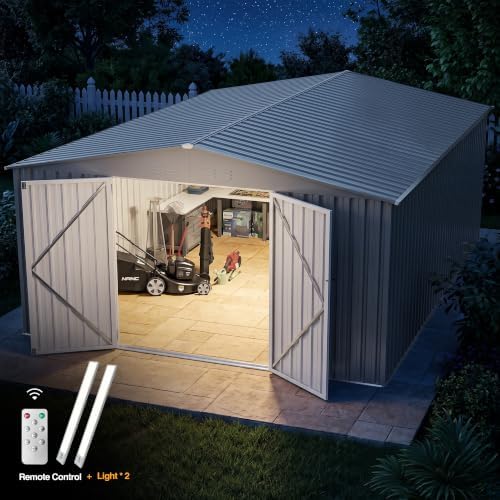 10 x 12 FT Outdoor Storage Shed, Heavy Duty Metal Shed with Lockable Double Door, 2 Magnetic Light, Sloped Roof & Vents for Garden Backyard Lawn,Gray - Image 3