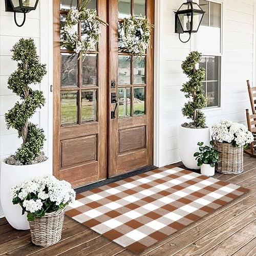 Homydecor Buffalo Plaid Outdoor Rugs, 24'' x 51'' Coffe and White Checkered Area Rug, Layering Rug for Hello/Welcome Door Mat, Washable Cotton Woven Farmhouse Mat for Front Porch Décor - Image 5