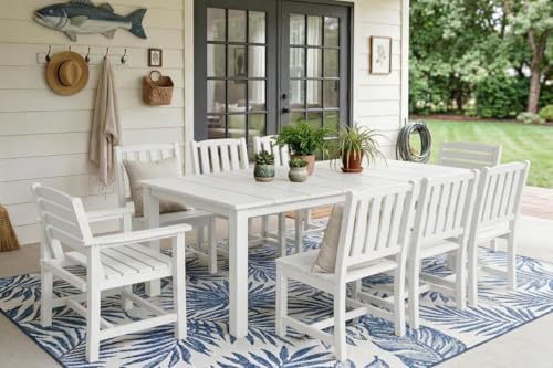 Perli™ 9-Piece Outdoor Dining Set, All-Weather HDPE Patio Furniture with 8 Ergonomic Chairs & Large Table, Built-in Umbrella Hole, UV-Resistant Set for Backyard, Deck, Poolside, White by PatioKingdom