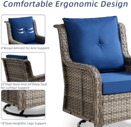 Wumiokio Patio Furniture Sets, Wicker Outdoor Furniture - 360 Degree Swivel Rocking Chairs and Rattan Side Table for Garden,Porch,Backyard (Grey Wicker/Blue Cushion, 5PCS - Swivel Chairs & Ottoman) - Image 4