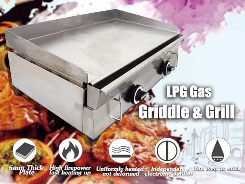 INTSUPERMAI Commercial Grill Griddle LPG Countertop Griddle Flat Top Grill Hot Plate Stove Stainless Steel Teppanyaki Grill Plate Size 28.94×16.14inchfor Restaurant Kitchen Camping Outdoor BBQ 2800Pa - Image 2