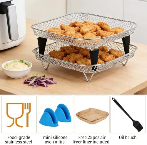 Air Fryer Rack Square,8.2 inch Stainless Steel Air Fryer Grill Basket with 25pcs Liners Stackable,6-8 QT Air Fryers Accessories for Cosori, Instant Vortex 6QT XL, Ninja Pro XL 6.5 QT - Image 6