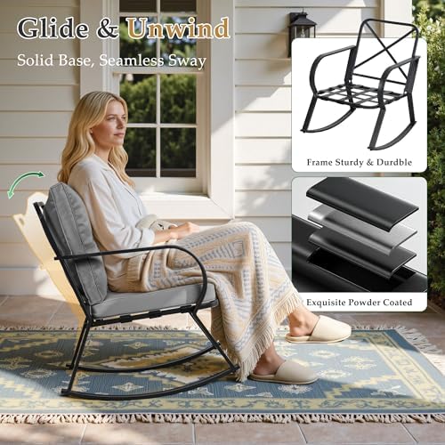 Oakcloud Oakmont Outdoor Furniture 3 Piece Conversation Bistro Set Rocking Chairs and Glass Top Table, Thick Cushions, Black Steel (Grey) - Image 2
