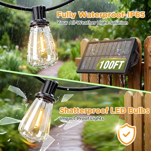 100FT Solar String Lights Outdoor Waterproof with Remote & Timer, LED Shatterproof ST38 Bulbs, USB & Solar Powered Patio Lights for Backyard, Porch, Garden, Wedding Decor, Dusk to Dawn Lighting - Image 5
