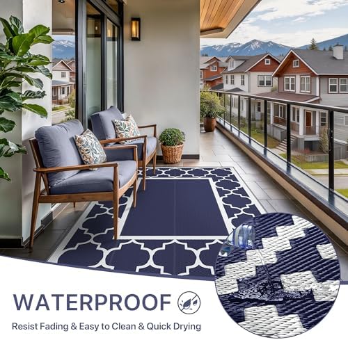 GENIMO Outdoor Rug, Waterproof Plastic Rugs for Patio, 5'x8' Blue White - Image 6