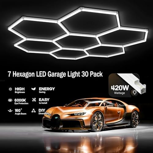 7-Hexagon LED Garage Lights, 488W 48,800LM Super Bright Honeycomb Shop Light, 31-Lights DIY Ceiling Grid Lighting Fixture for Car Detailing, Workshop, Gym, Warehouse, Basemen - Image 3