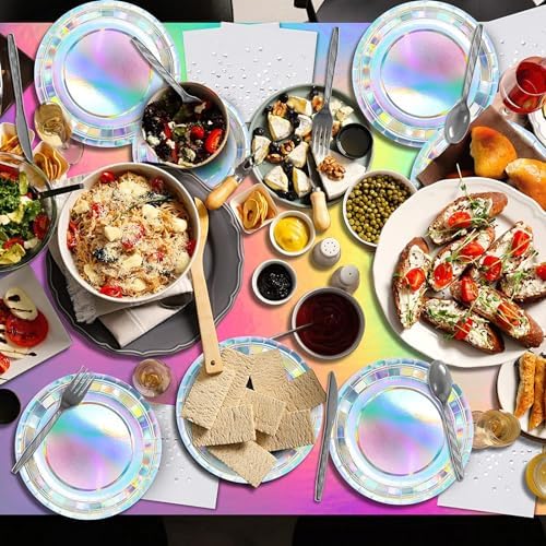 MaitianGuyou 7 Inch 40 Count Iridescent Holographic Paper Plates, Disposable Shiny Rainbow Dessert Plates for Birthday, Bridal Shower, Bachelorette, Wedding & Disco Party Table Decor - Image 3