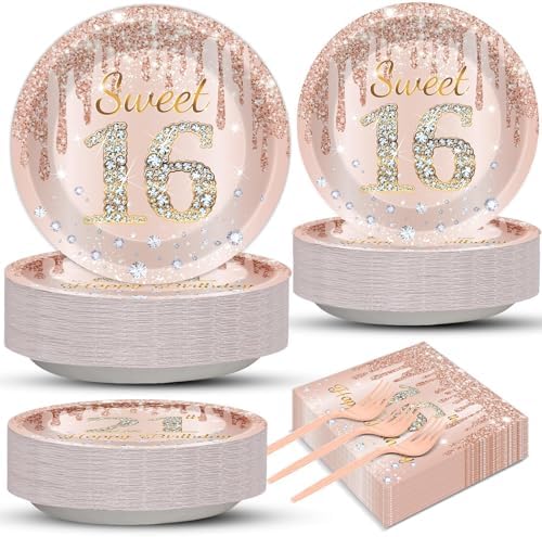 CHUNNIN 200 PCS Rose Gold Sweet 16 Party Plates Napkins Pink Rose Gold Tableware Set for Girls Sweet 16th Party Decoration Dessert Plates Forks Serve 50 Guests for Girls 16th Birthday Supplies by CHUNNIN