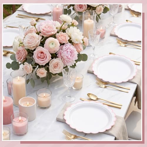 NatNarr 30 Pk Pink Paper Plates 7" Scalloped Pink White Dessert Cake Plates - Image 6