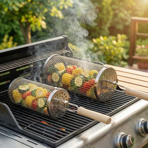 Rolling Grill Basket Set, 2‑Piece Stainless Steel Grilling Baskets, Nesting Design with Removable Wooden Handle, Perfect for Vegetables, Shrimp, Camping, Backyard BBQ – Ideal Grilling Gift for Men - Image 3
