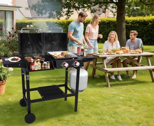 2-Burner Gas & Charcoal Combo Grill with Griddle, Black - Image 4