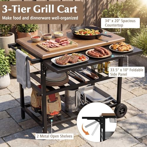 Giantex Outdoor Grill Cart with Korean BBQ Charcoal Grill, Dual Cooking Surfaces, Rolling Food Prep Table with Foldable Side Shelf, Storage Shelves, Wood-Look Top, for Patio, Party & Backyard Cooking - Image 2