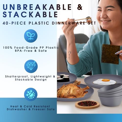 40 Piece Plastic Dinnerware Set for 8 with Cutlery, Unbreakable Plates and Bowls Set, Dishwasher & Microwave Safe Reusable Dish Set for Camping, RV, Outdoor Kitchen, Apartment Dining, Gray - Image 6