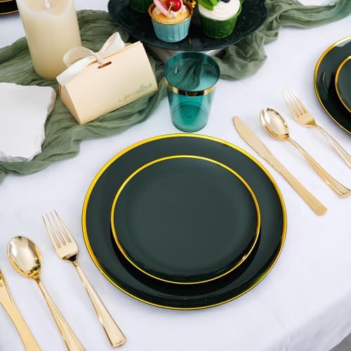LIYH 180Pcs Green Plastic Plates, Gold Silverware Dinnerware Sets For Party - Image 3