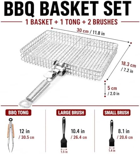BBQ Grill Basket Set, Stainless Steel Grilling Basket with 12 Inch BBQ Tongs & Oil Sprayer, 12.6 x 8.7 x 2.36 in Folding Barbecue Basket for Fish, Vegetables, Shrimp, Steak, Outdoor Grilling - Image 2