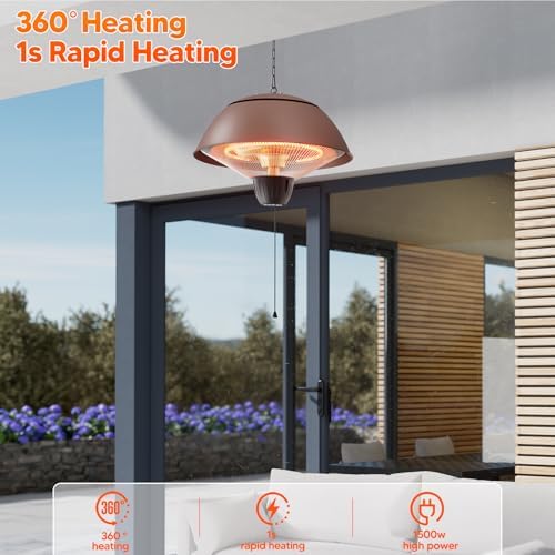 Danluke Outdoor Electric Patio Heater, 1500W Infrared Hanging Heater, Ceiling Mounted Carbon Fiber Heater for Patio, Porch, Garage and Balcony, Brown - Image 6