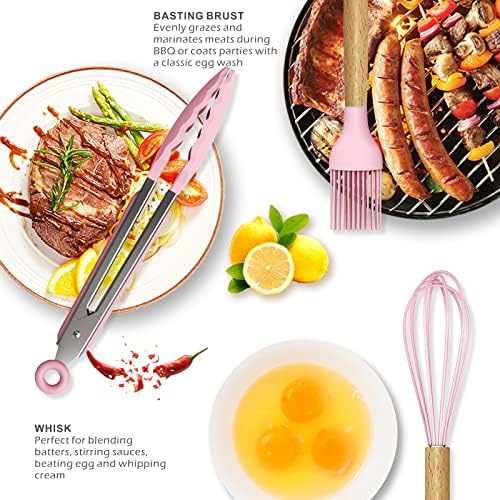 oannao Silicone Kitchen Utensils Set - 446°F Heat Resistant Cooking Utensil Sets, Spatula,Turner,Tongs,Spoon,Whisk, Wooden Handle Silicone Kitchen Gadgets Tools for Non-Stick Cookware BPA Free (Pink) - Image 4