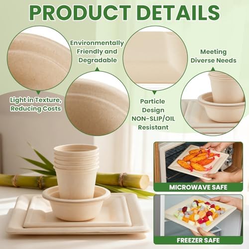 Havawish 200 Pcs Compostable Paper Plates and Bowls Set for 50 Guests, 10in & 8in Heavy Duty Sugarcane Disposable Plates 12 oz Biodegradable Cups and Paper Bowls, Party Camping Picnic(Beige) - Image 4