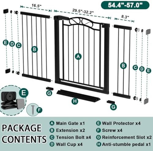 Fairy Baby 54.4"-57.0" Extra Wide Baby Gate with Door, 55 56 57 Inches Walk THR Baby Gates for Stairs Pressure Mounted no Drill, Indoor Tension Metal Child Pet Dog Safety Gate for Kids, Black - Image 2