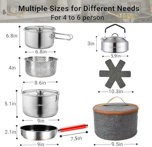 Camping Cookware Set 304 Stainless Steel Cooking Pots Pan Set with Travel Tote Bag for Camping Outdoor Kitchen Cooking Picnic for 4-6 - Image 2