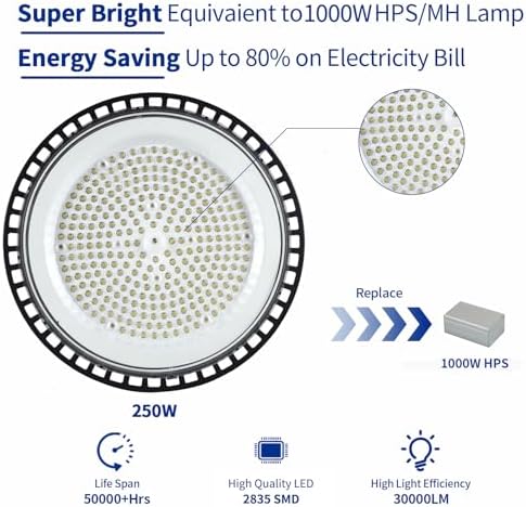 6 Pack UFO High Bay LED Shop Lights 250W, 30000 LM, 5000K, AC110-277V - Image 3