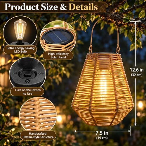 pearlstar Solar Lanterns Outdoor 2 Pack Rattan Hanging & Table Decor Lights - Image 3