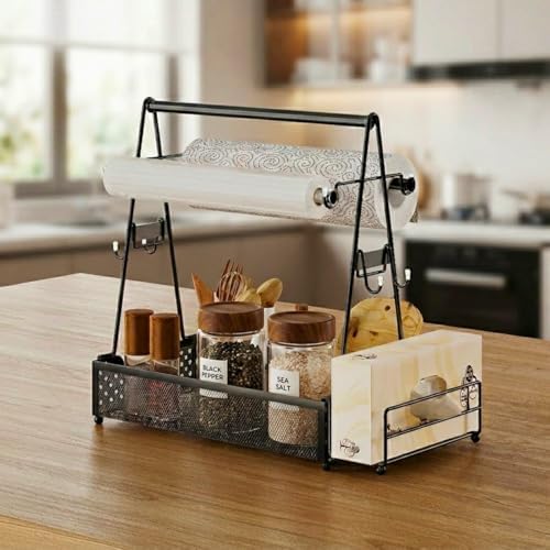 Grill caddy, BBQ Caddy Organizer with Paper Towel Holder, Black Metal Grill Accessory Rack, Kitchen Condiment Storage Basket with Utensil Holder - Image 5