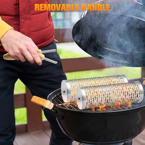 Rolling Grill Baskets,【2025Upgraded】 2Pcs Nesting Grilling Net with Removable Wooden Handle,BBQ Accessories Tools for Vegetables Shrimp,Outdoor Camping Barbecue Rack,Gifts for Men Dad (Stainless Steel,Rectangle) - Image 5