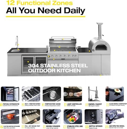147" Outdoor Kitchen Island,Propane BBQ Grill with Pizza Oven,Rotisserie,Double Door Refrigerator,Storage Cabinets,Granite Countertop & Drawers,120,000 BTU,Stainless Steel Material. - Image 5