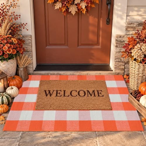 Orange and White Plaid Rug, 4' x 6' Fall Outdoor Front Door Decor Mat, Cotton Washable Hand-Woven Rug for Layered Doormat, Autumn Halloween Thanksgiving Carpet for Porch, Entryway - Image 3