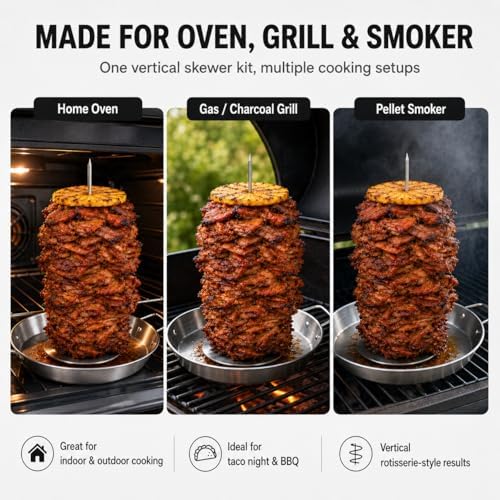 Al Pastor Skewer for Grill, 10 Inch Stainless Steel Vertical Skewer Pan with 5 Spikes, Grease Separator Tray, Tongs, Gloves & Basting Brushes, Shawarma Gyro Kebab Stand for Oven Smoker BBQ - Image 6