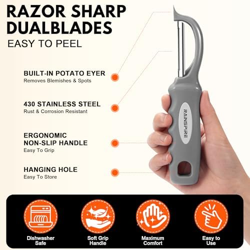 Rainspire Vegetable Peeler Potato Peelers for Kitchen, Sharp Stainless Steel Blades Veggie, Comfortable Handle Fruit Peeler, Carrot Peeler Apple Peeler Dishwasher Safe (1, Grey) - Image 6