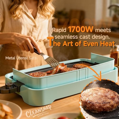 Cleansnap Everyday Electric Griddle,The Ultimate Gift for Family Feasts - 20” Nonstick Grill with Foldable Anti-Mess Shield, Rapid 1700W Heat & PPG Ceramic Coating, Dishwasher Safe, Saga Blue - Image 5