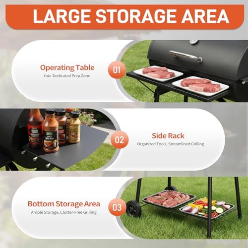 Outvita Barrel Charcoal Grill with Warming Rack, Side Front Table, Black - Image 7