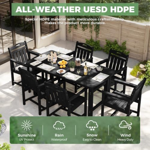 HDPE Outdoor Dining Set, Patio Table and 6 Chairs, 2" Umbrella Hole, Black - Image 3