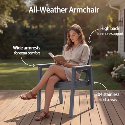5-Piece Outdoor Dining Set, All-Weather HDPE Patio Furniture, 66.5" Slatted Table with 1.6" Umbrella Hole & 4 Ergonomic Armchairs, Heavy Duty 350lbs Capacity, UV Resistant, Gray - Image 6