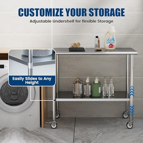Stainless Steel Work Table with Wheels, 30x48 Inch NSF Kitchen Prep Table with Adjustable Undershelf for Commercial Restaurant, Garage, Outdoor BBQ - Image 4