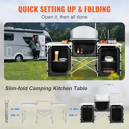 VEVOR Camping Kitchen Table, Folding Outdoor Cooking Table with Storage Carrying Bag, Aluminum Cook Station 3 Cupboard & Detachable Windscreen, Quick Set-up for Picnics, BBQ, RV Traveling, Black - Image 5