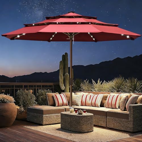 EliteShade USA 10-Year-Non-Fading 10ft 3-Tier Market Patio Umbrella, Commercial Table Umbrella with 80 Solar LED Lights, Crank Open, Windproof & UPF 50+ UV Protection for Garden, Deck, Pool, Backyard, No Tilt, Burgundy - Image 3