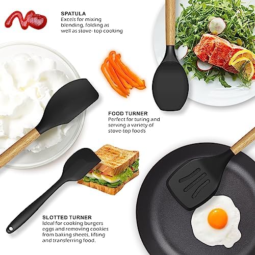 oannao Silicone Cooking Utensils Set - 446°F Heat Resistant Silicone Kitchen Utensils for Cooking,Kitchen Utensil Spatula Set w Wooden Handles, BPA FREE Gadgets for Non-Stick Cookware (Black) - Image 3