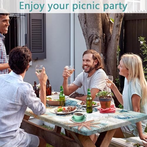 Picnic Table Cover with Bench Covers 6FT, Camping Essentials, Nautical Sea Turtle Ocean Windproof Waterproof Picnic Table Cloth, Fitted Tablecloth with Elastic Edge for Indoor Outdoor 3PCS 30x72 Inch - Image 2