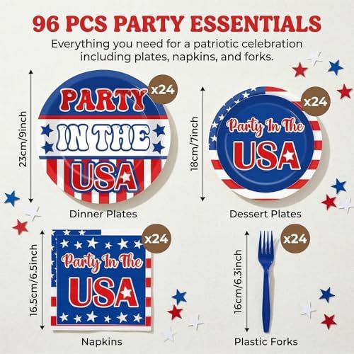 96Pcs Independence Day Paper Plates and Napkins 4th of July Party Supplies in the USA Red White Blue Star Disposable Tableware Set for 24 Guests American Flag Patriotic Memorial Day Decorations - Image 2